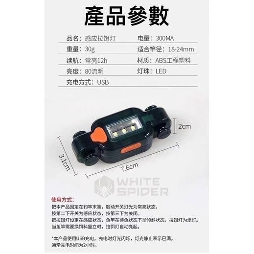 【W.S釣具-現貨】LED釣竿照明燈、重力感應啟動、充電式釣竿燈、池釣竿、磯竿、投竿可裝、夜釣、池釣、海釣適用-細節圖5