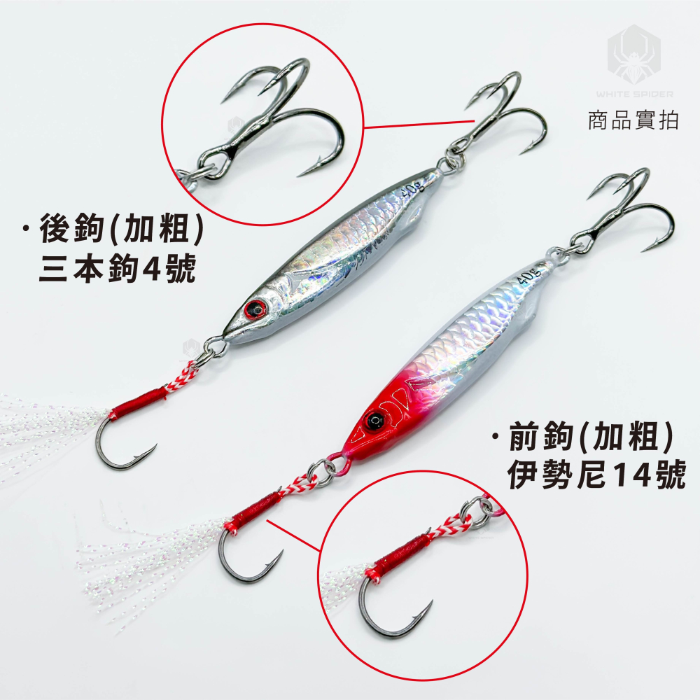 【W.S釣具-現貨❤️】魚型鐵板路亞40g、岸拋鐵板、鐵板路亞、附前後雙鉤、微鐵、岸拋路亞、遠投鐵板、臺灣現貨-細節圖3