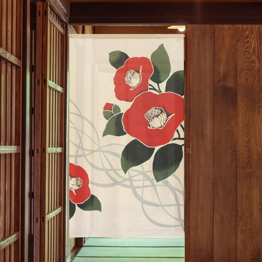 沐菲戀日小舖  日本製現貨 流線山茶花門簾 85x150cm 椿 和柄 和風 門簾 のれん長門簾 兩片式 門簾 掛簾-細節圖5