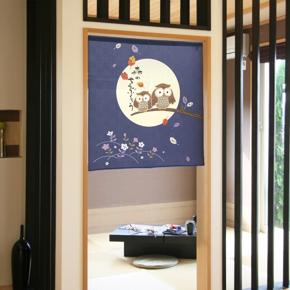 沐菲戀日小鋪 日本製現貨 森林智慧貓頭鷹藍色85x90cm のれん門簾  兩片式 門簾 掛簾 遮擋簾 風水簾 短簾-細節圖4