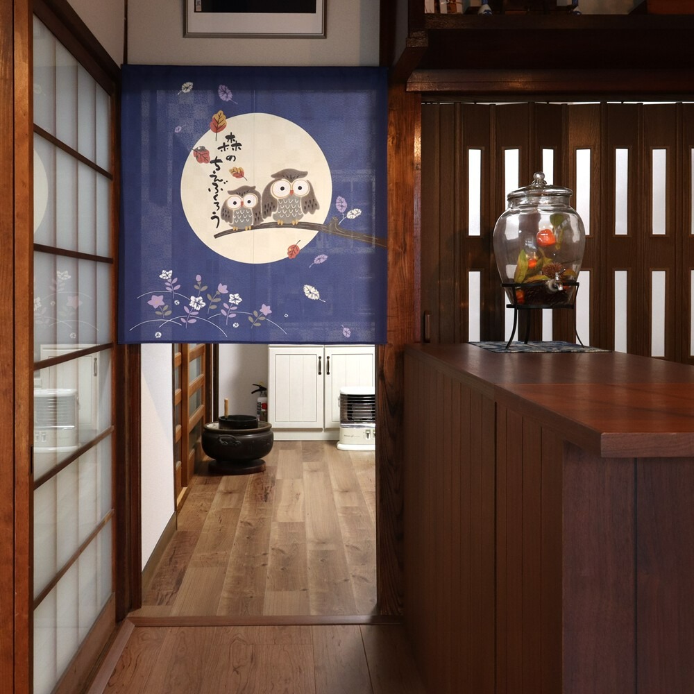 沐菲戀日小鋪 日本製現貨 森林智慧貓頭鷹藍色85x90cm のれん門簾  兩片式 門簾 掛簾 遮擋簾 風水簾 短簾-細節圖5