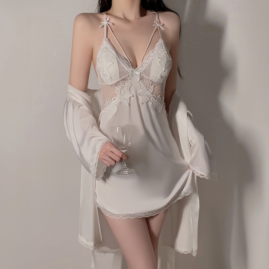 【性感販賣所】現貨🎀睡衣 冰絲睡衣 冰絲睡裙 性感睡衣 冰絲睡袍 胸墊睡衣 情趣睡衣 居家服 睡衣裙 蕾絲睡衣 法式-細節圖2