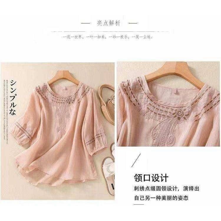 文藝復古棉麻刺繡花卉半袖上衣-細節圖2