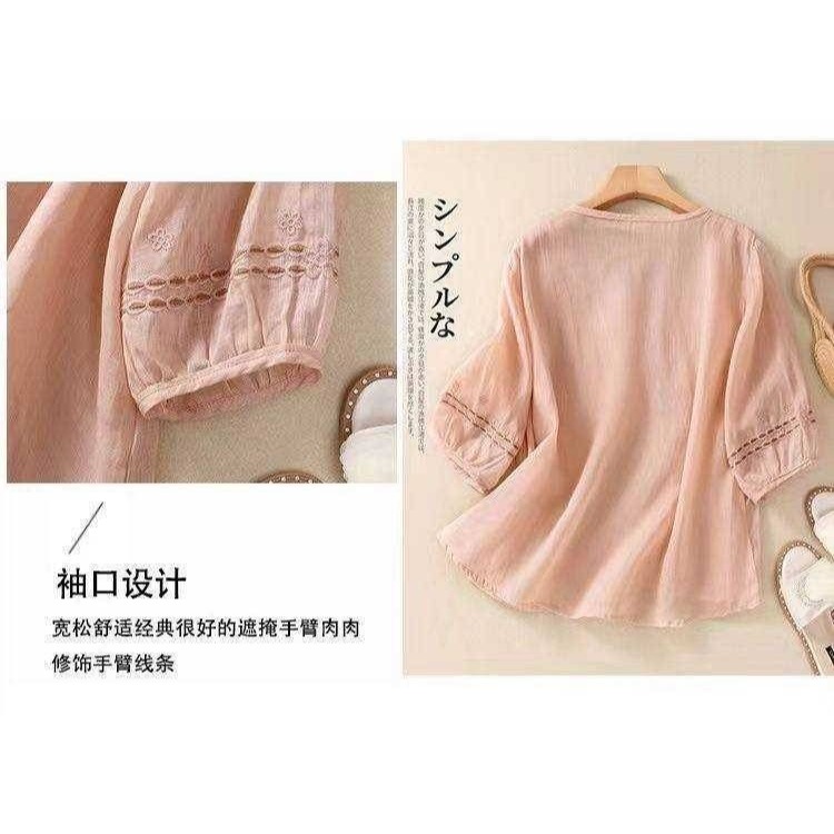 文藝復古棉麻刺繡花卉半袖上衣-細節圖3