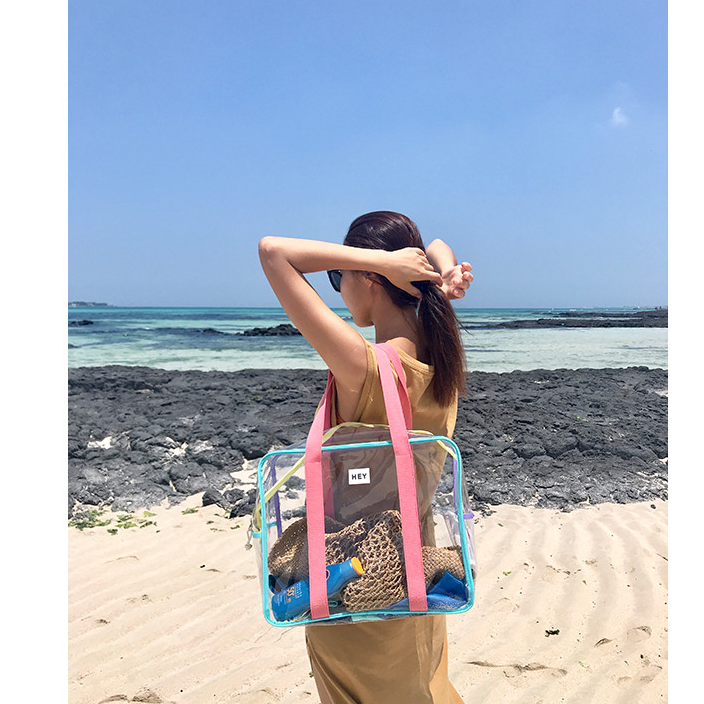 【台灣現貨速發】(厚款)透明百寶袋 海灘包 沙灘包 媽媽包 外出包 繽紛彩色海灘袋 防水包透明包游泳包 韓版透明收納包-細節圖4