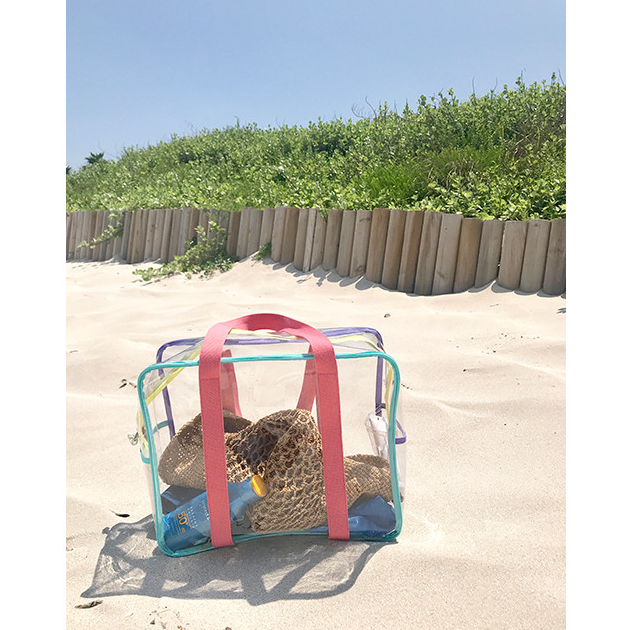 【台灣現貨速發】(厚款)透明百寶袋 海灘包 沙灘包 媽媽包 外出包 繽紛彩色海灘袋 防水包透明包游泳包 韓版透明收納包-細節圖5