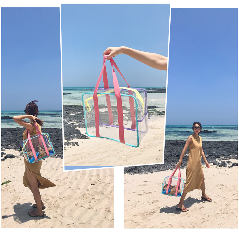 【台灣現貨速發】(厚款)透明百寶袋 海灘包 沙灘包 媽媽包 外出包 繽紛彩色海灘袋 防水包透明包游泳包 韓版透明收納包-細節圖6
