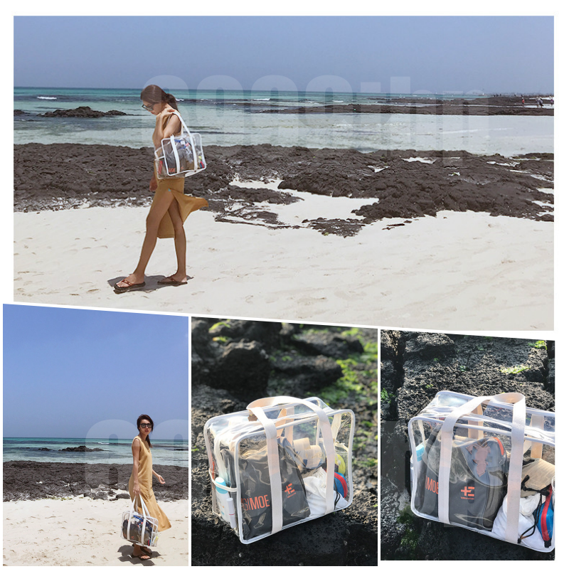 【台灣現貨速發】(厚款)透明百寶袋 海灘包 沙灘包 媽媽包 外出包 繽紛彩色海灘袋 防水包透明包游泳包 韓版透明收納包-細節圖11
