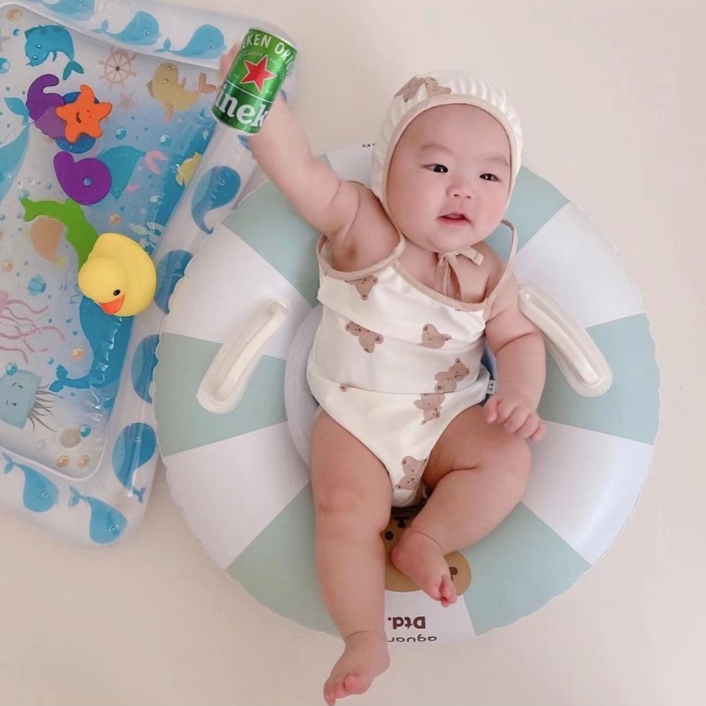 NUEO韓風INS風格 游泳圈可愛小熊造型充氣藍白小熊泳圈-細節圖3