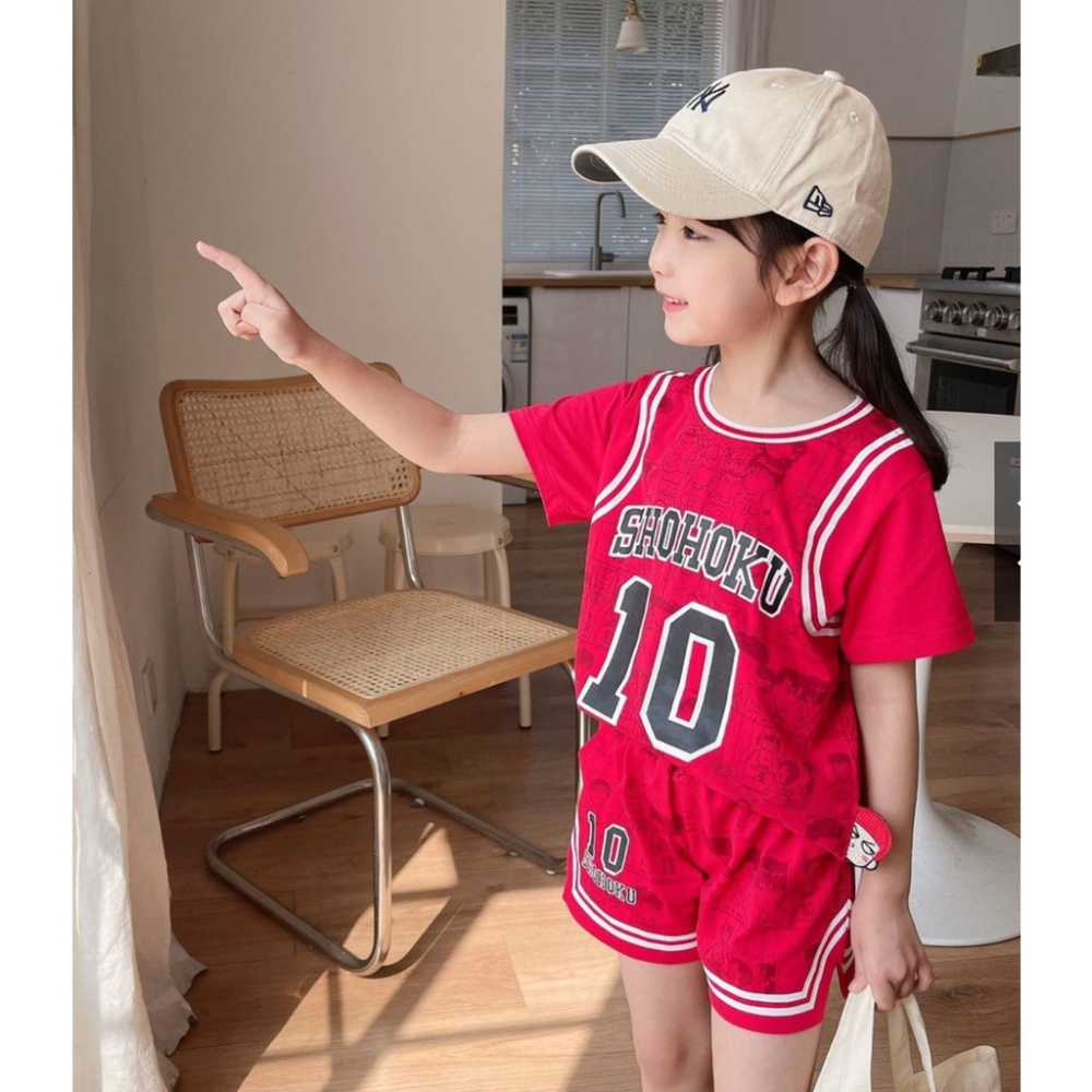 [現貨]兒童1-3歲短袖運動套裝灌籃高手籃球服純棉兩件套純棉T恤短袖卡通印花童裝-細節圖3