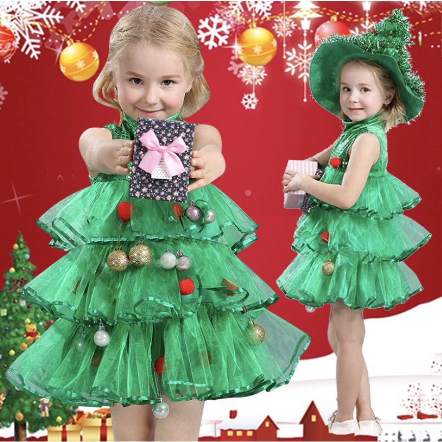 [台灣速發]🎄聖誕服裝🎄 聖誕服裝兒童主題寫真 女童聖誕連衣裙 綠色聖誕樹 派對舞蹈服裝 兒童演出服裝表演服聖誕裝