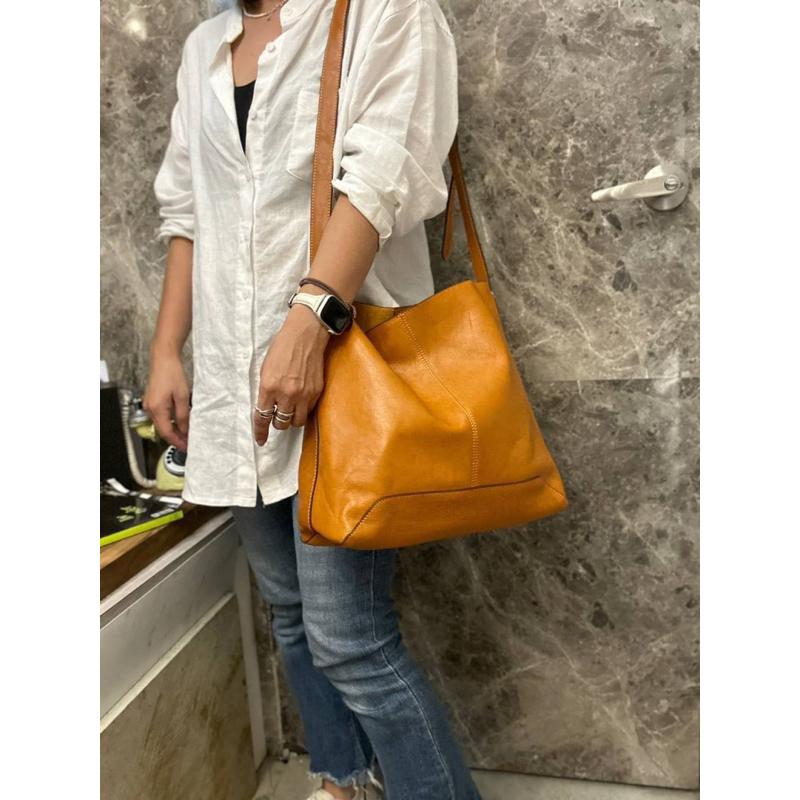 🔥現貨+預購【🇰🇷 Tanned】|韓國 2story質感植鞣牛皮側斜背簡約水桶大包👜真皮系列 牛皮植鞣包 精品包 限量-細節圖8