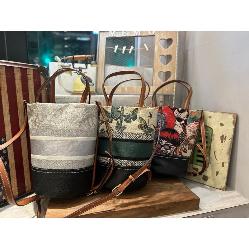 🔥 現貨【🇰🇷 Tanned】| 韓國 繡線織布料配皮手提水桶包👜正韓 真皮系列 牛皮皮革 東大門連線-細節圖2