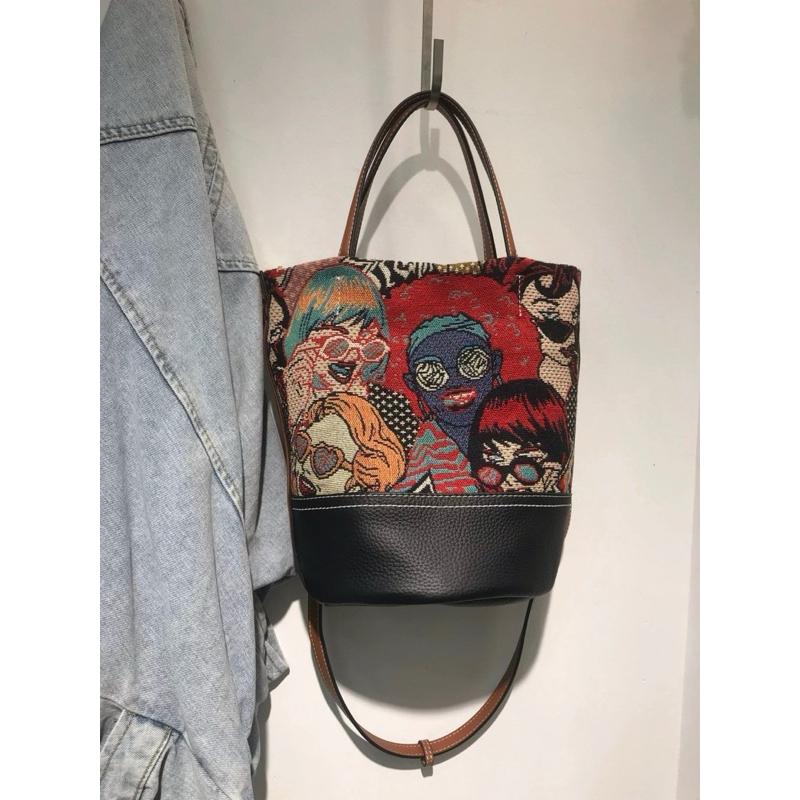 🔥 現貨【🇰🇷 Tanned】| 韓國 繡線織布料配皮手提水桶包👜正韓 真皮系列 牛皮皮革 東大門連線-細節圖4