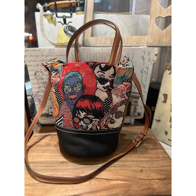 🔥 現貨【🇰🇷 Tanned】| 韓國 繡線織布料配皮手提水桶包👜正韓 真皮系列 牛皮皮革 東大門連線-細節圖6