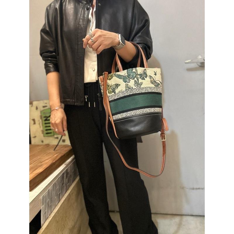 🔥 現貨【🇰🇷 Tanned】| 韓國 繡線織布料配皮手提水桶包👜正韓 真皮系列 牛皮皮革 東大門連線-細節圖8