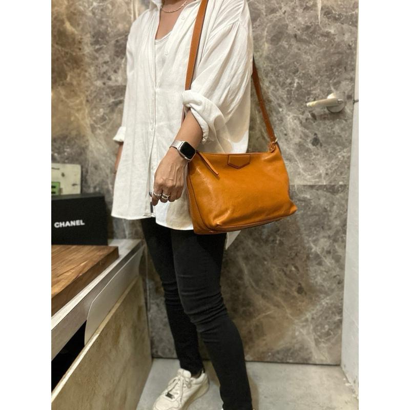 🔥 現貨【🇰🇷 Tanned】|韓國 復古植鞣牛皮水餃後雙夾層斜側背包👜正韓 真皮系列 牛皮皮革 上班包 文創包 藝術包-細節圖6