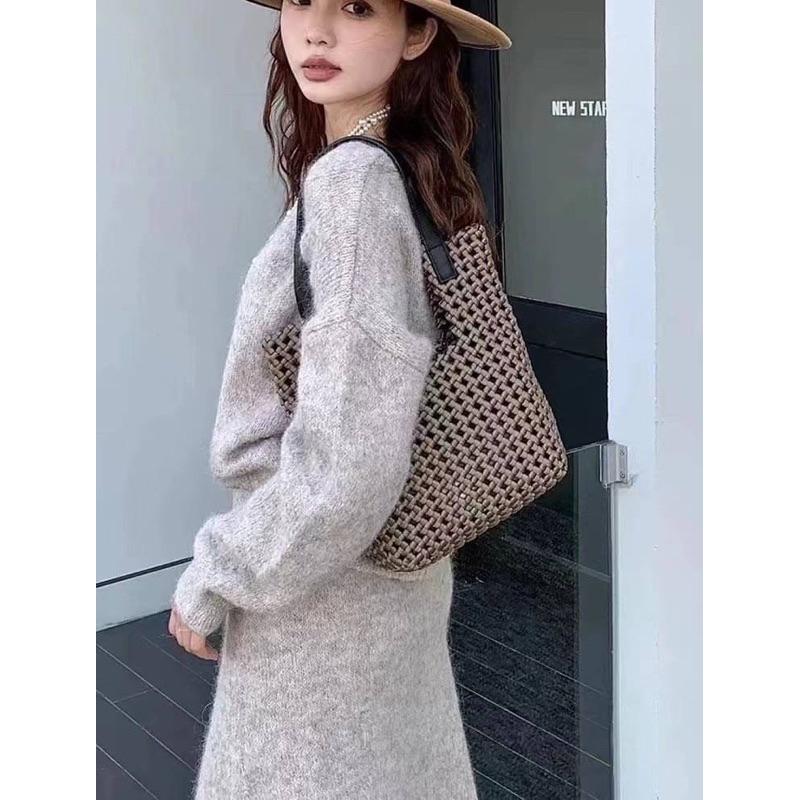 🔥【🇰🇷 Tanned】韓國手工打結編織配牛皮水提側背包❤️ 真皮系列 牛皮 編織包 設計款包包 逛街包 海灘包-細節圖9