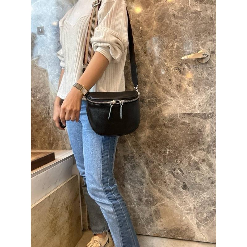 🔥 現貨【🇰🇷 Tanned】|韓國 牛皮半圓拉鍊配直條織帶斜背包👜正韓 真皮系列 牛皮皮革 相機包 旅遊包-細節圖8