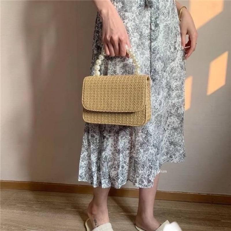 🔥 現貨【🇰🇷 Tanned】|韓國 珍珠提把草編手提包👜正韓 海灘包 編織包 音樂祭包 s2o包-細節圖2