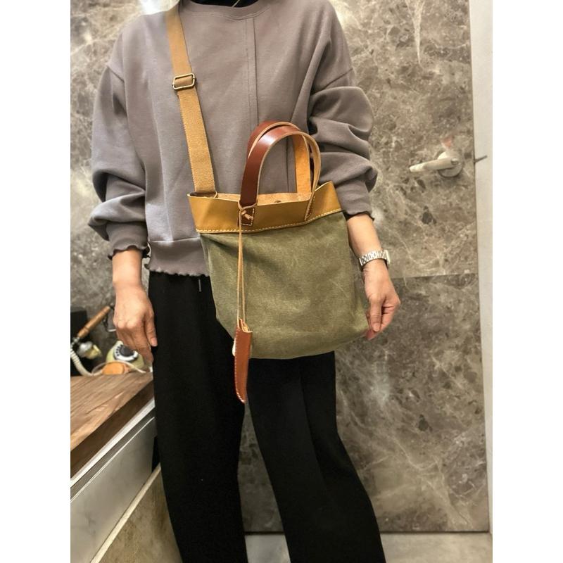 🔥 現貨【🇰🇷 Tanned】|韓國 2story手提水洗帆布布配牛皮手提包👜正韓 真皮系列 牛皮皮革 復古包 水洗包-細節圖7