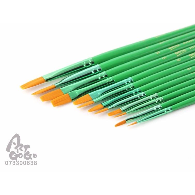 松林 BIANYO 筆恩尼 12支入 綠桿棕色纖維畫筆 圓峰、平峰款 水彩 寫生-細節圖2