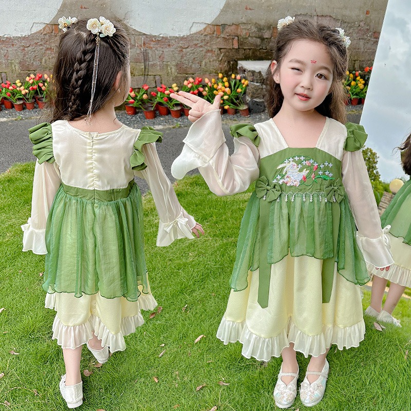 2023秋季新款女童珍珠長袖漢服連身裙一件代髮中國古唐風裙童裝J23926-28-細節圖2