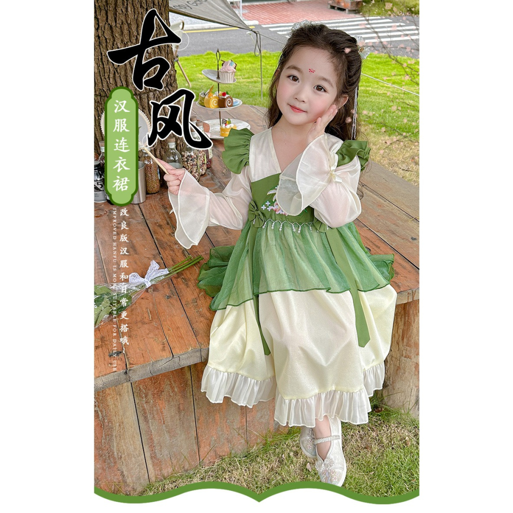 2023秋季新款女童珍珠長袖漢服連身裙一件代髮中國古唐風裙童裝J23926-28-細節圖4