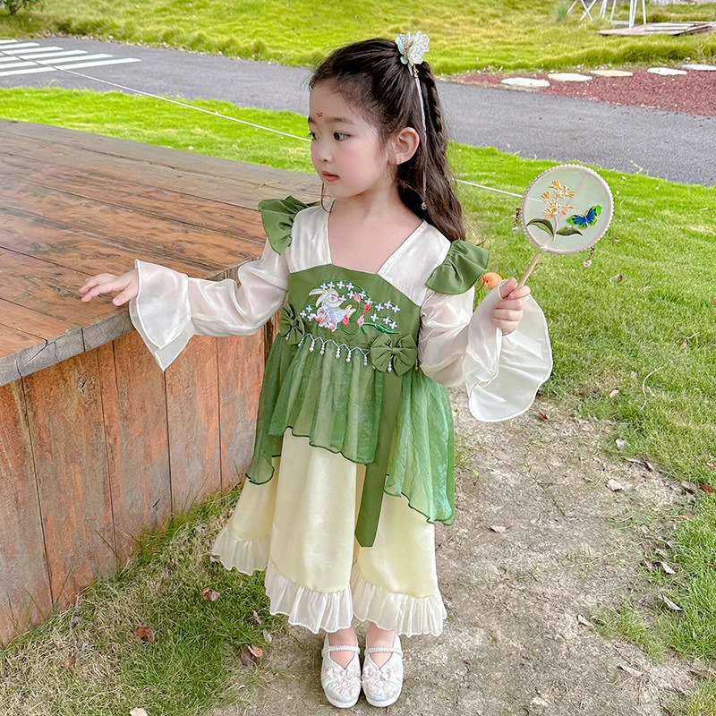 2023秋季新款女童珍珠長袖漢服連身裙一件代髮中國古唐風裙童裝J23926-28-細節圖6