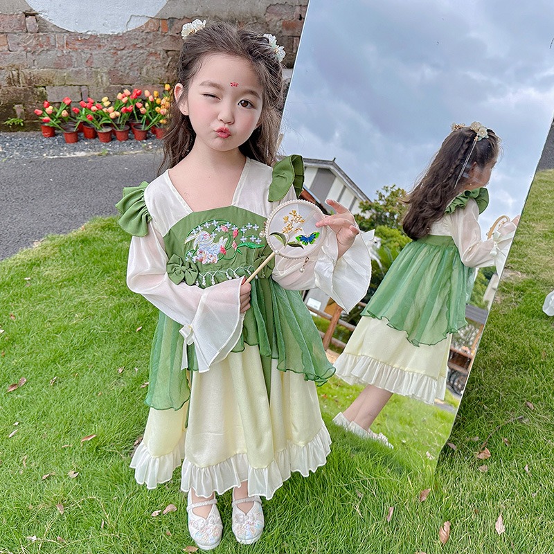 2023秋季新款女童珍珠長袖漢服連身裙一件代髮中國古唐風裙童裝J23926-28-細節圖7