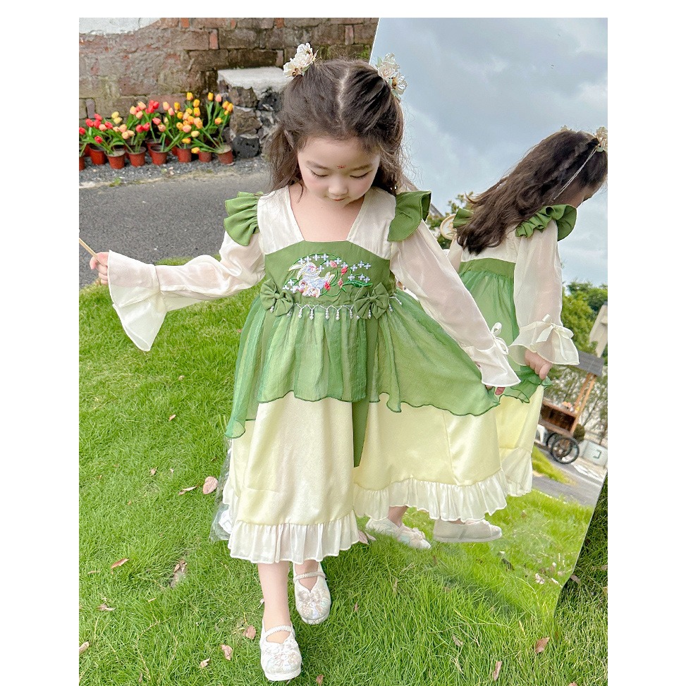 2023秋季新款女童珍珠長袖漢服連身裙一件代髮中國古唐風裙童裝J23926-28-細節圖8