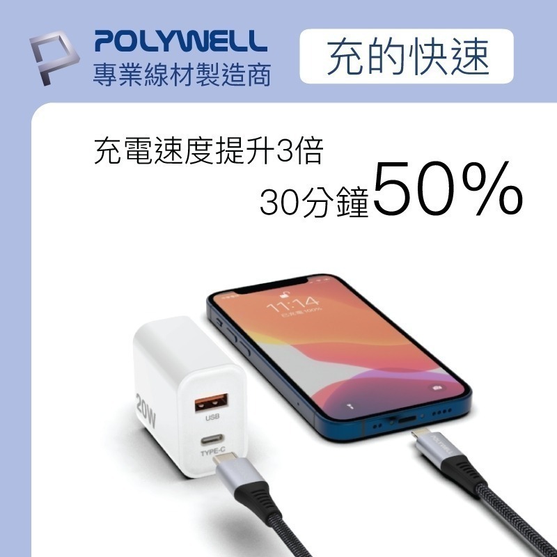 PD雙孔快充頭 20W【POLYWELL】Type-C充電頭 充電器 豆腐頭 適用於蘋果iPhone【C1-00397】-細節圖4