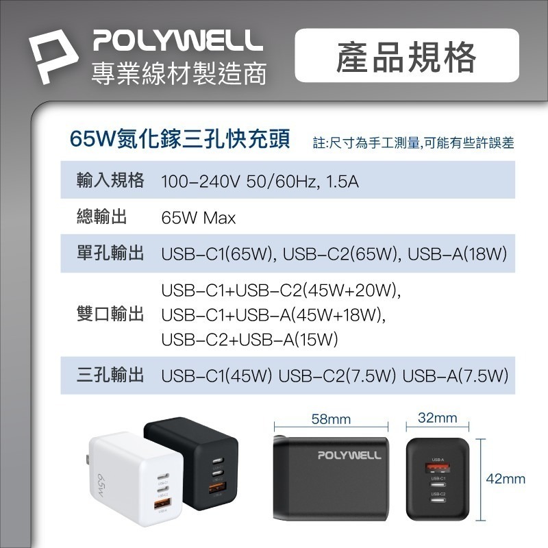 65W三孔PD快充頭【POLYWELL】雙USB-C+USB-A充電器 GaN氮化鎵 BSMI認證【C1-00414】-細節圖5