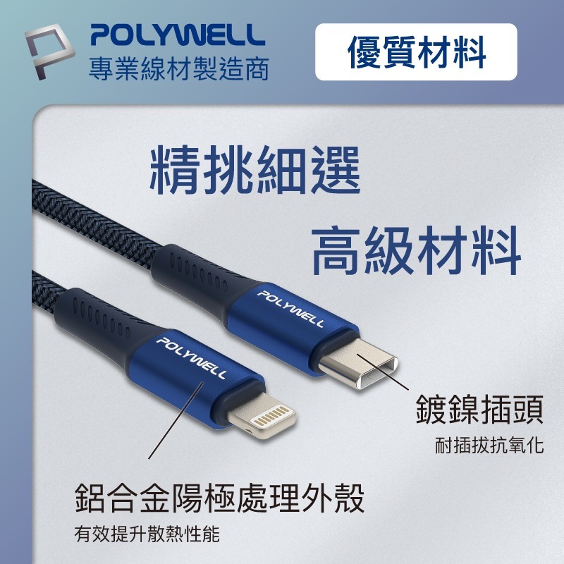 【POLYWELL】PD編織快充線 Type-C To Lightning  傳輸線 快充線 充電線【C1-00480】-細節圖9