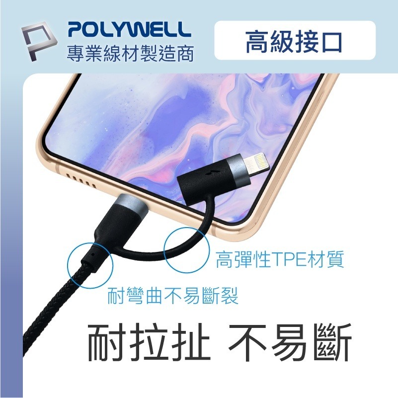 二合一PD編織快充線【POLYWELL】USB-C To C+Lightning 數據線 傳輸線【C1-00494】-細節圖8