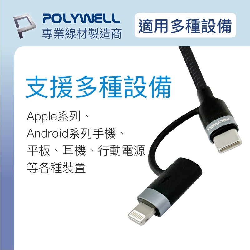 二合一PD編織快充線【POLYWELL】USB-C To C+Lightning 數據線 傳輸線【C1-00494】-細節圖9