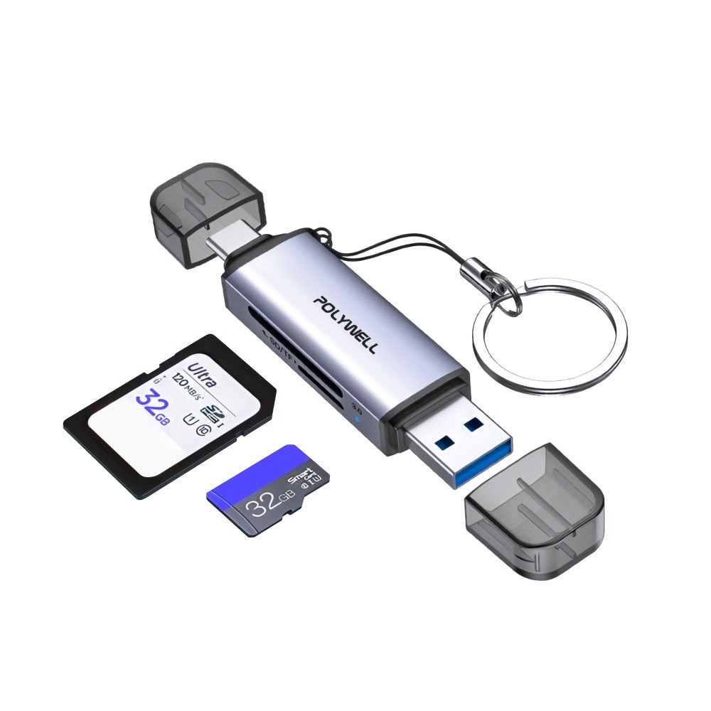 【POLYWELL】USB-A Type-C雙插頭 USB3.0 SD/TF 高速讀卡機 附掛繩【C1-00517】-細節圖2