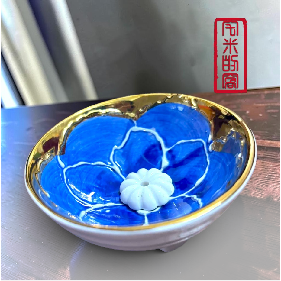 [宅米的窩] 少見獨特雙用香座 金色藍華 日本線香座 香立 香皿 香插組 秒創造優雅日式空間 冥想 靜坐 日本香立-細節圖2