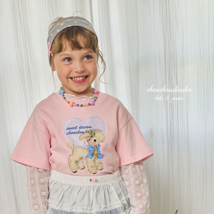 🇰🇷韓國童裝｜2025秋款🍂CHOUCHOUSHASHA小羊愛心短袖T恤【象牙白/粉色】-規格圖3