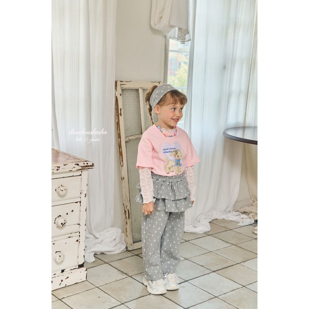 🇰🇷韓國童裝｜2025秋款🍂CHOUCHOUSHASHA蛋糕裙拼接褲【麻灰色/粉色】-細節圖3