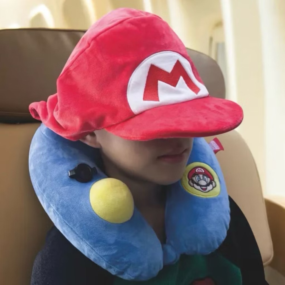 【官方正版授權】travelmall 任天堂瑪利歐 按壓式連帽充氣枕 出國必備 快速充氣頸枕（可清洗材質-細節圖2