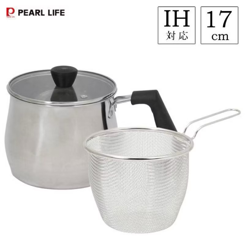 餐廚 鍋具 日本 PEARL 18-8 不鏽鋼 玻璃蓋 多功能 防燙手柄 17cm 過濾網 油炸鍋 IH爐 萬用 單柄-細節圖3