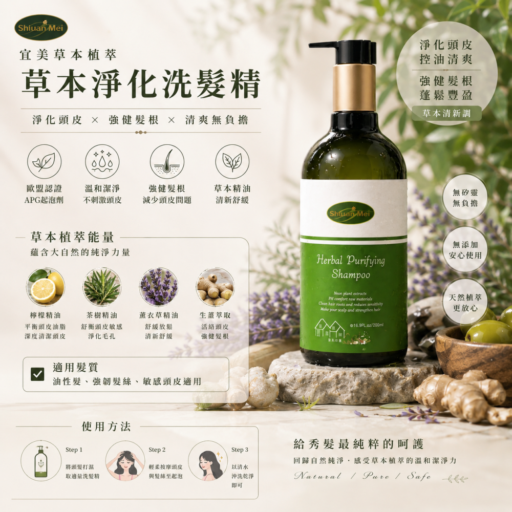 【總經銷正品】宣美 草本淨化 / 玫瑰香氛 洗髮精 500ml (兩瓶優惠區) 控油 抗屑 保濕 護色 公司貨 台灣製-細節圖2