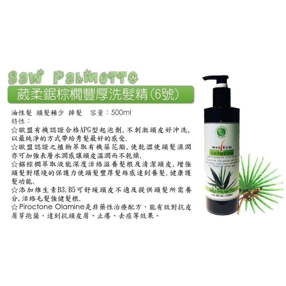 葳柔 鋸棕櫚 豐厚洗髮精 6號 500ml 養髮 護髮 掉髮 控油 頭皮保養 天然精油 公司貨 台灣製造-細節圖2