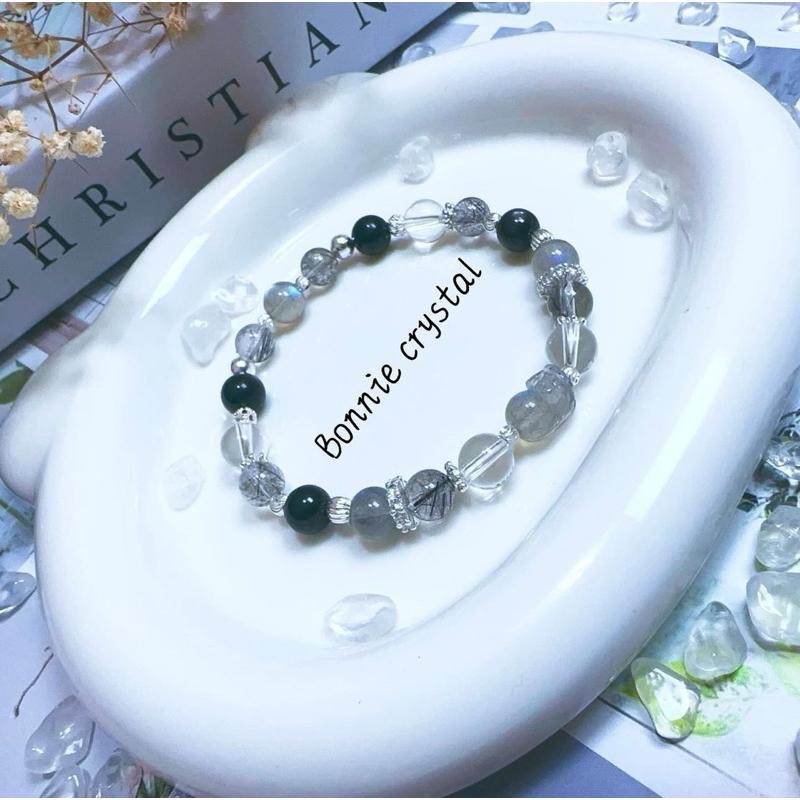 ✨✨灰拉長石貔貅設計手鍊✨✨灰拉長石、白水晶、黑髮晶、金運石-細節圖3