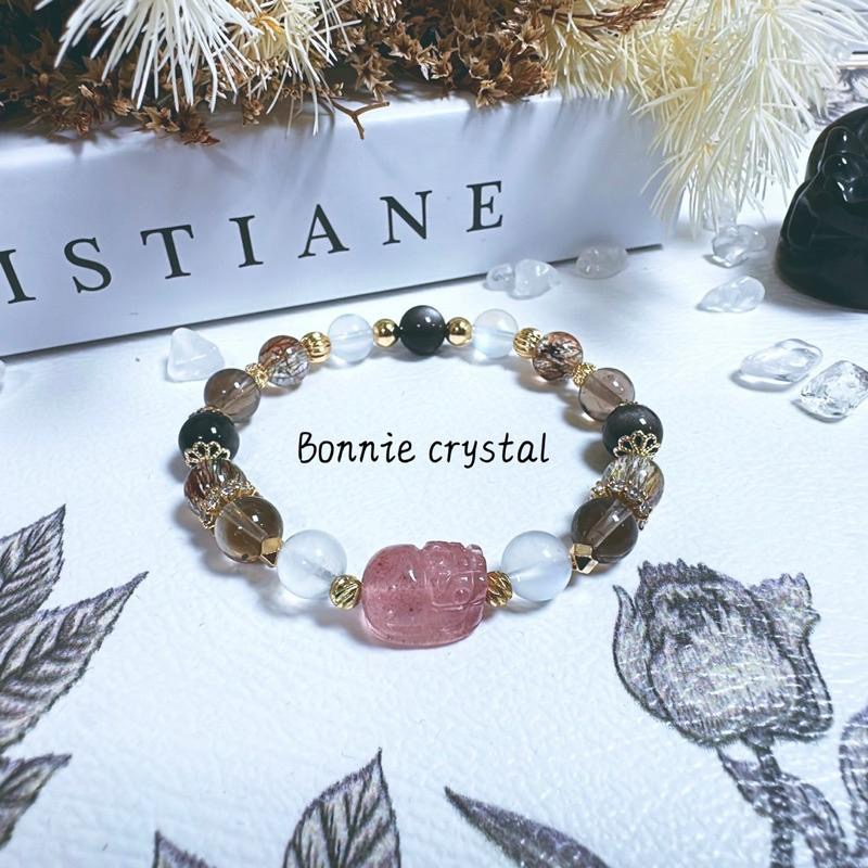 ✨✨ 茶香月影設計手鍊✨✨草莓晶貔貅、藍月光、黑金超、茶晶、銀曜石-細節圖2