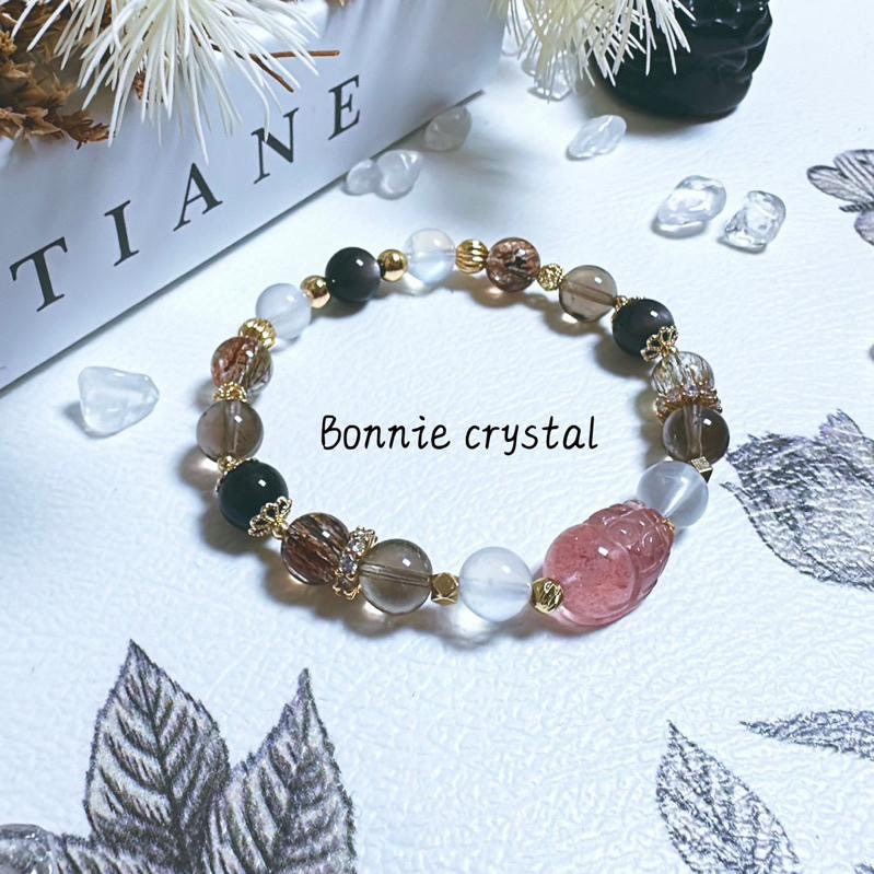 ✨✨ 茶香月影設計手鍊✨✨草莓晶貔貅、藍月光、黑金超、茶晶、銀曜石-細節圖3