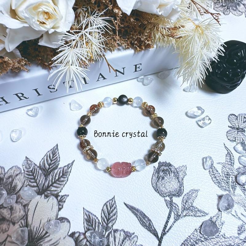 ✨✨ 茶香月影設計手鍊✨✨草莓晶貔貅、藍月光、黑金超、茶晶、銀曜石-細節圖4
