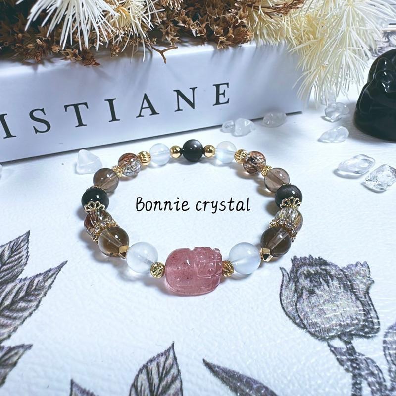 ✨✨ 茶香月影設計手鍊✨✨草莓晶貔貅、藍月光、黑金超、茶晶、銀曜石-細節圖2