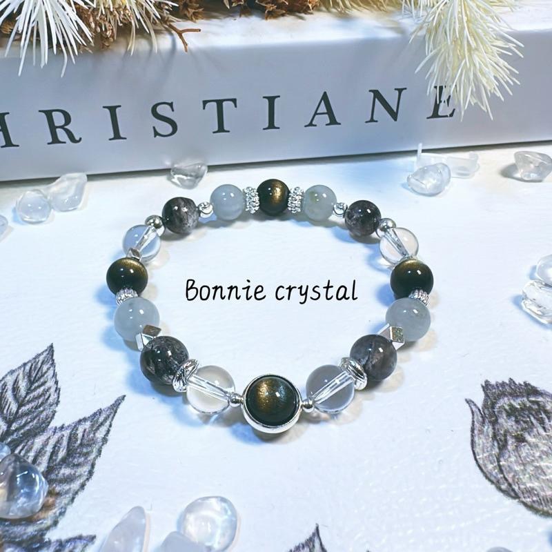 ✨✨ 墨影之心設計手鍊✨✨金曜石、灰藍兔毛、閃靈鑽、白水晶-細節圖3